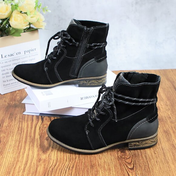 Women's Black Genuine Leather Suede Ankle Lace Bootie with Side Zipper - Picture 10 of 10